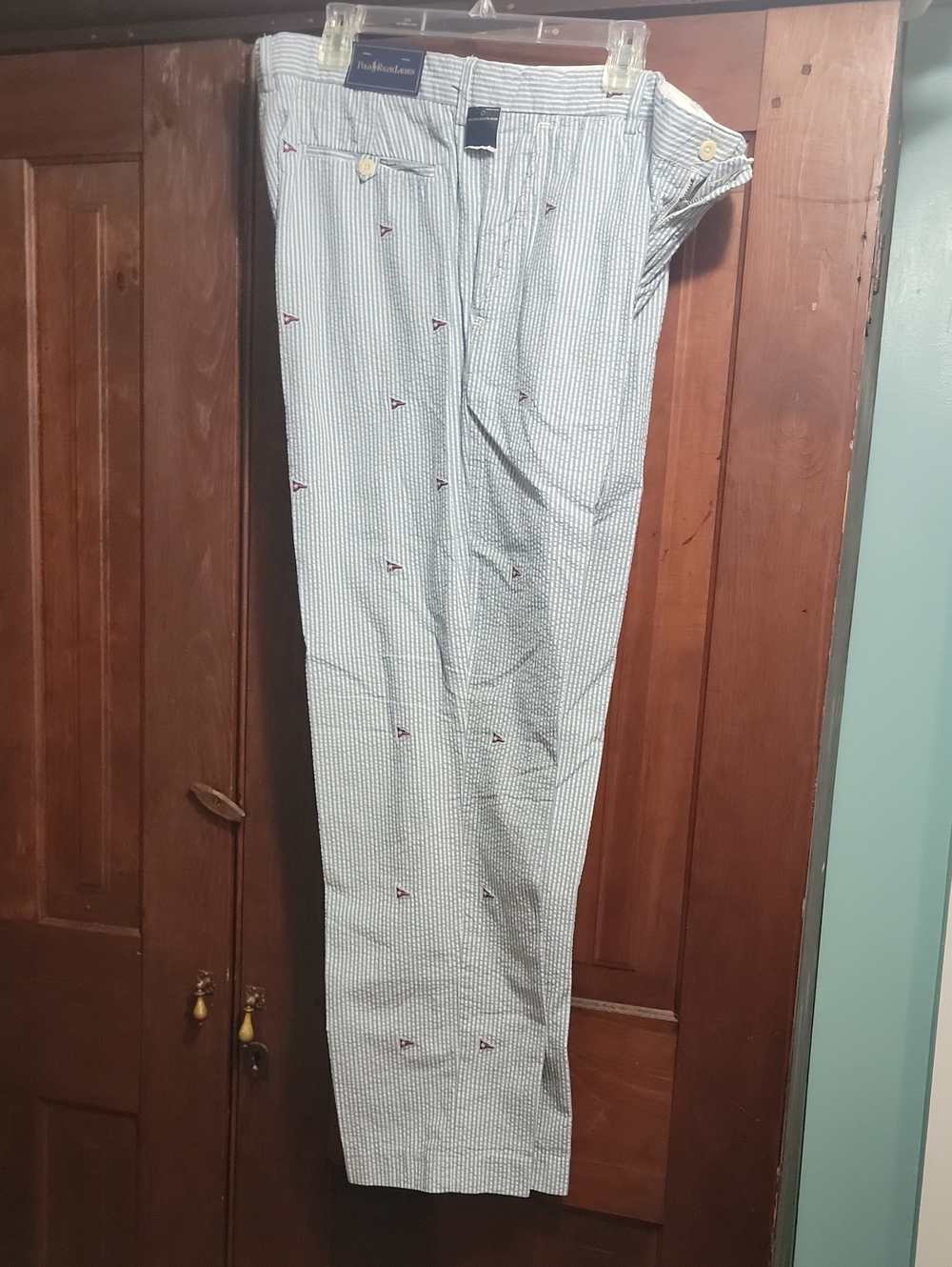 Light Blue Seersucker Embroidered Stripe Men’s Dress Pants. Classic straigh Leg